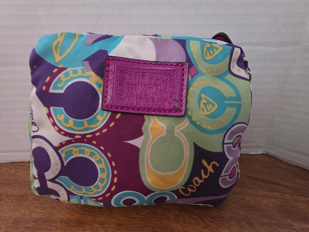 Coach Poppy Glam Signature C Print Packable Folding Nylon Tote Bag Multicolor